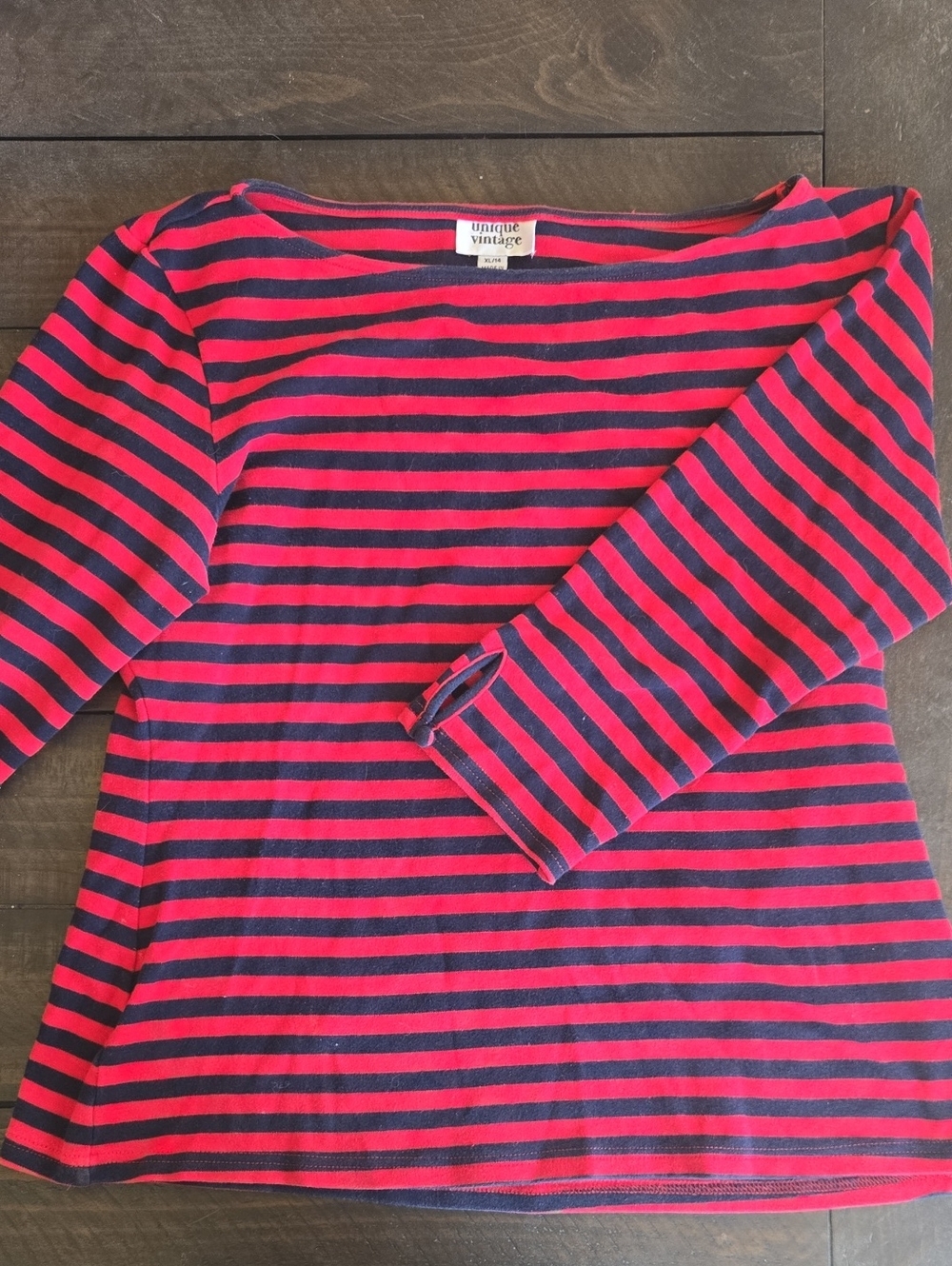 Unique Vintage Red and Navy Striped Boatneck Top